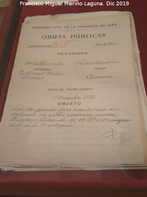 Historia de Jimena - Historia de Jimena. Expediente de matriculacin del Hispano Suiza J-1055 en Jimena 1923. Archivo Histrico Provincial