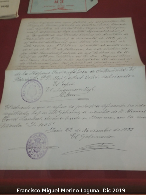 Archivo Histrico Provincial - Archivo Histrico Provincial. Expediente de matriculacin del Hispano Suiza J-1055 en Jimena 1923