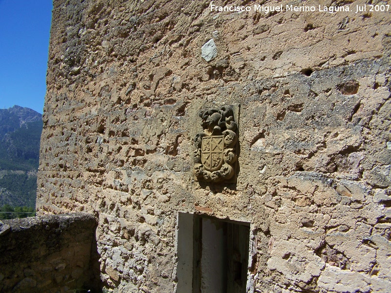 Torren de la Escuela - Torren de la Escuela. Escudo y puerta de entrada, el Yelmo al fondo