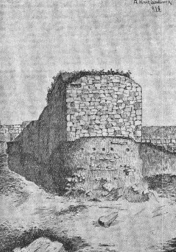 Muralla de Jan. Torren Oculto de la Puerta de Martos - Muralla de Jan. Torren Oculto de la Puerta de Martos. Dibujo de Antonio Prez Lendnez publicado en la revista D. Lope de Sosa