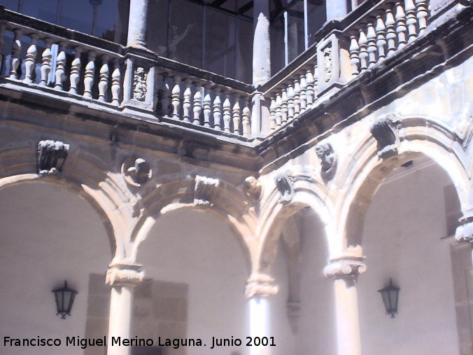 Castillo de Canena - Castillo de Canena. Detalle de las enjutas con medio cuerpos saliendo de crculos de las arcadas del patio con los capiteles jnicos y sus claves, y segundo cuerpo con balaustrada