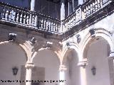 Castillo de Canena. Detalle de las enjutas con medio cuerpos saliendo de crculos de las arcadas del patio con los capiteles jnicos y sus claves, y segundo cuerpo con balaustrada